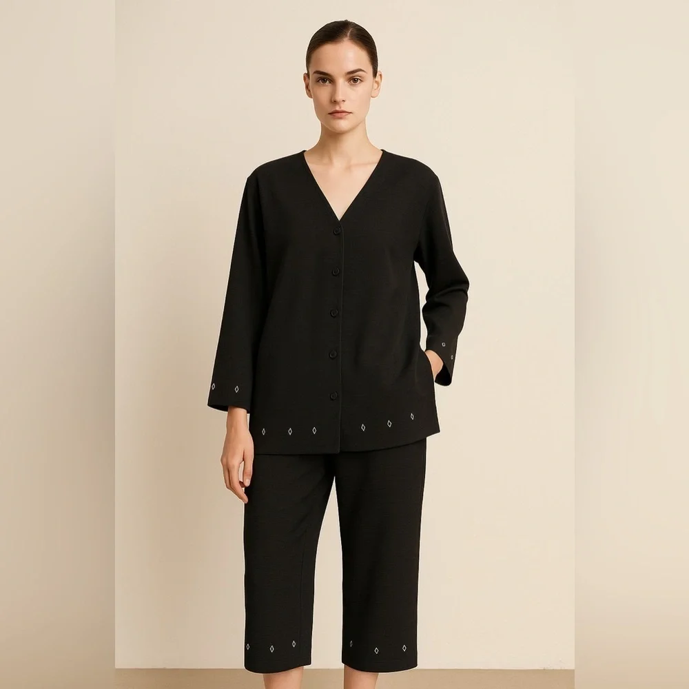 DUE per DUE Vintage Womens Button-up Top Pants Set 100% Silk Black Boho Casual
